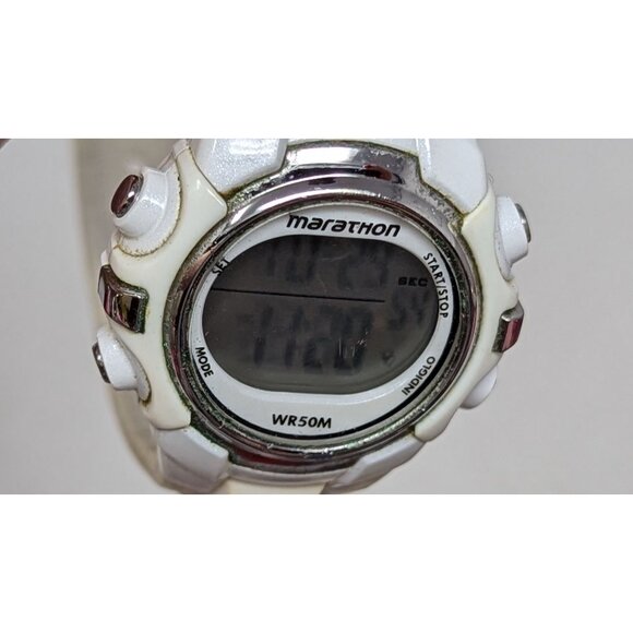 Marathon Digital Stopwatch Wristwatch Water Resistant WR 50M Indiglo White - Picture 2 of 3